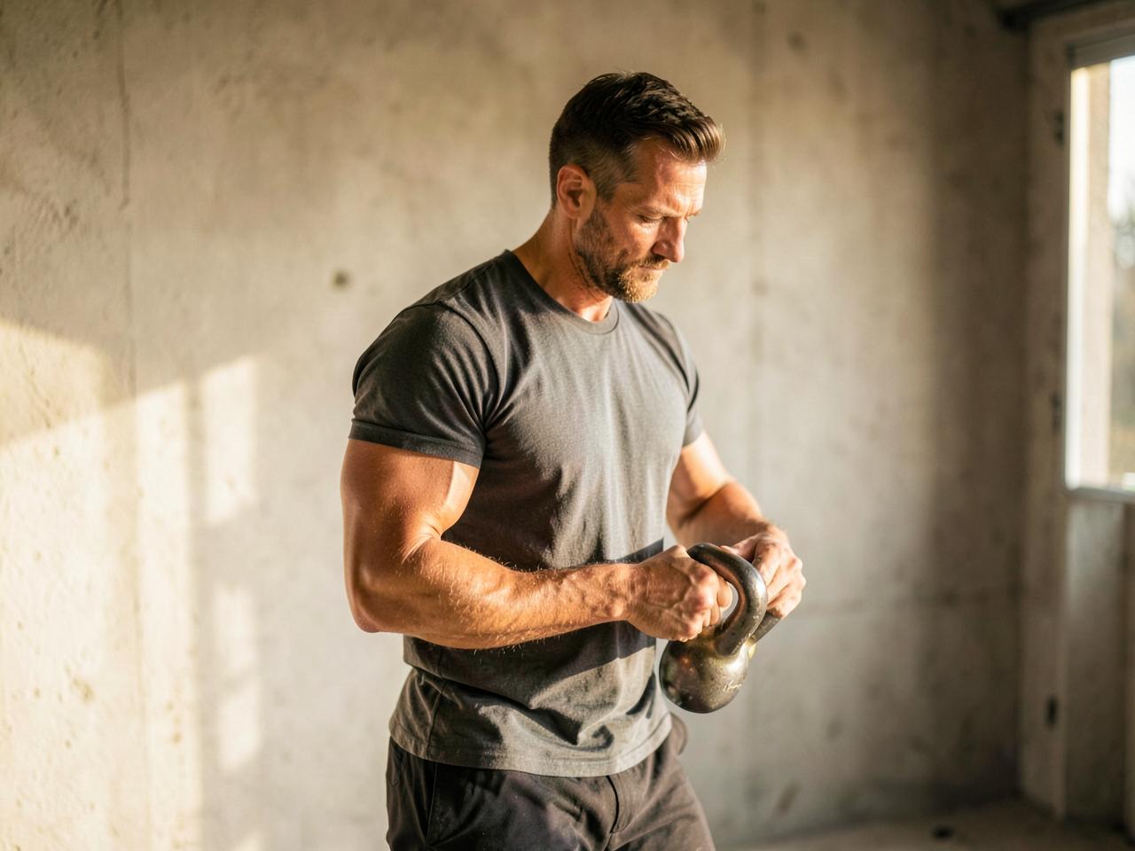 A dad training with a kettlebell in a sunlit garage